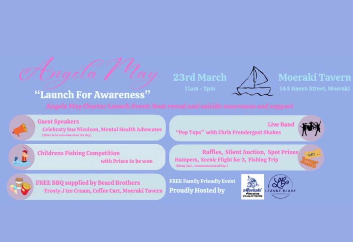 Angela May "Launch for Awareness"(Moeraki Fishing Charters) on Sunday Mar 23rd