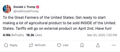 Trump ag tariffs come into effect on April 2