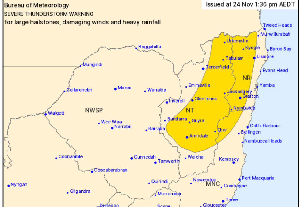 Severe thunderstorm warning for Lismore, Nimbin, Casino and Kyogle