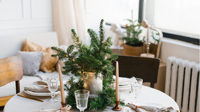 Christmas table decorating with plants